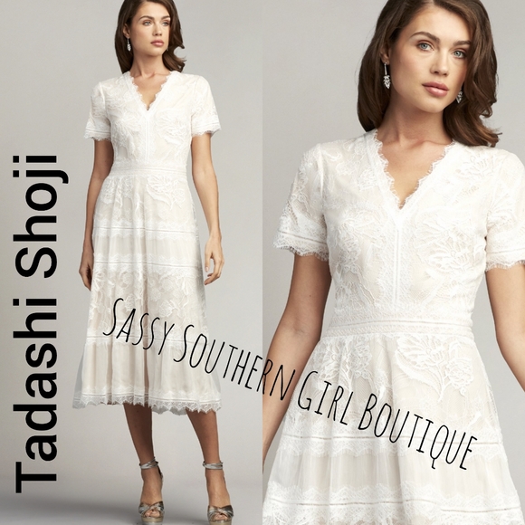 TADASHI SHOJI White lace overlay nude midi dress
